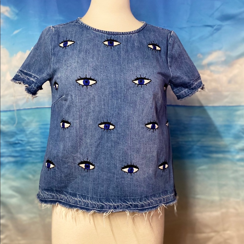 Hand embroidered upcycled denim shirt